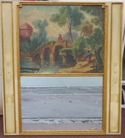 null Trumeau en bois laqué et doré, orné d'une huile sur toile marouflée, figurant...