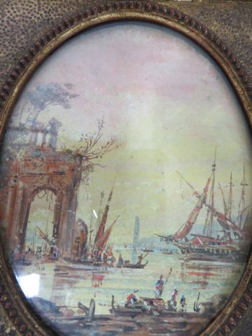 null Paire d'aquarelles représentant des scènes portuaires. 12,5 x 9,5 cm Encadrées...