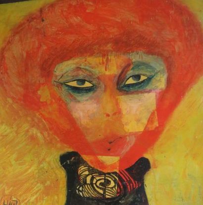 null Ecole moderne " Portrait de femme rousse" Huile sur isorel, collé sur panneau....