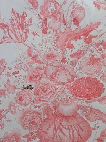 null Annie CHAUVET "Fleurs roses et escargot noir" Dessin ovale rehaussé à l'aquarelle....