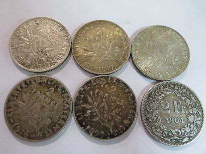 null FRANCE Ensemble de 5 pièces en argent 2 Frs Semeuse1899,1916, 1917 ,1919.On...