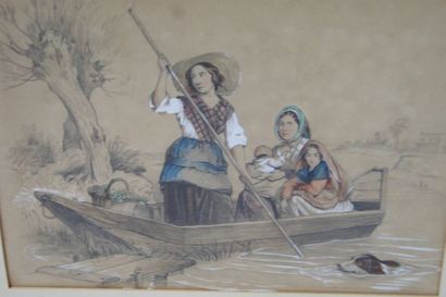 null Ecole française "Jeunes femmes dans une barque" Dessin, rehaussé à l'aquarelle...