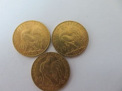 null 3 pièces de 20 francs au coq, 1899, 1911, 1908. Poids : 19,41 g