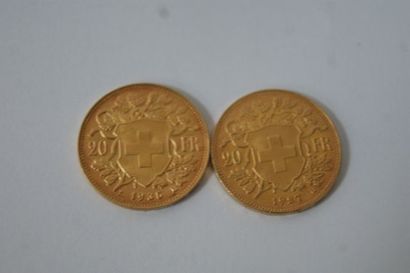 null 2 pièces de 20 francs suisses, 1937 et 1935. Atelier B. Poids : 12,96 g