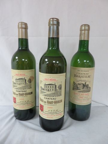 null Lot de 3 bouteilles de Haut Médoc Blanc : 1 de Château Barateau 1994, 2 de Château...