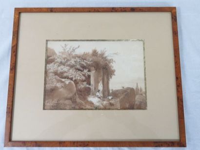 null GERARD "Le Berger" Dessin au lavis. Signée et daté 1833. 18 x 25 cm (petit accident)....
