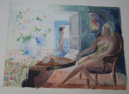 null Pierre BERJOLLE "Femmes dans un intérieur" Aquarelle. 14 x 19 cm Encadrée sous...
