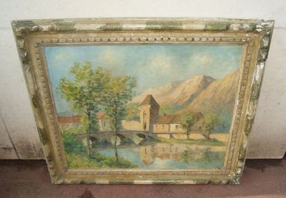 null F Ch MILLET "Vue de village" Huile sur toile. 48 x 59 cm Cadre en bois laqué....