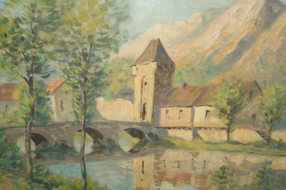 null F Ch MILLET "Vue de village" Huile sur toile. 48 x 59 cm Cadre en bois laqué....