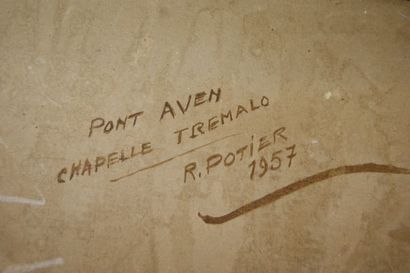 null POTIER "Pont-Aven, chapelle Tremalo" Huile sur carton. SBG, datée 1957. Contresignée,...