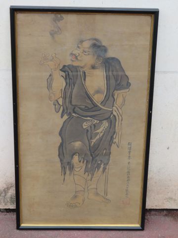 null CHINE "Personnage" Peinture sur soie. 79 x 43 cm Encadré sous verre.