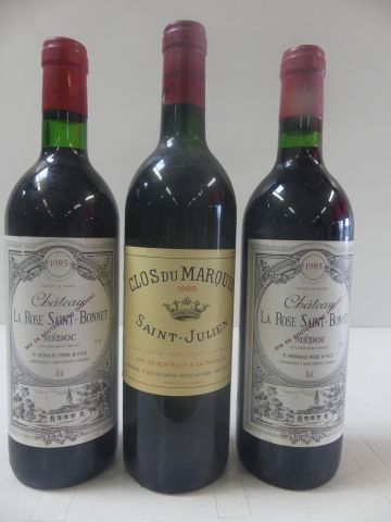 null Lot de 3 bouteilles : 1 Clos du Marquis Saint Julien 1988 ; 2 Château La Rose...