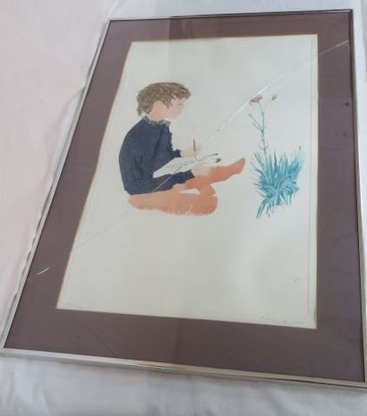 null Ecole moderne "Enfant peignant" Lithographie en couleurs. Signée et numérotée...