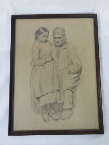 null Ecole française du XIXe siècle "L'homme et son enfant" Fusain. 34 x 25 cm Encadré...
