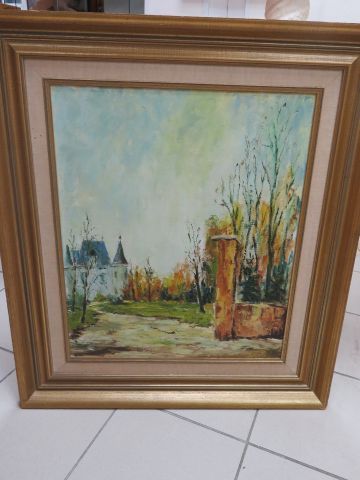 null R. MARAY "Paysage au château" Huile sur toile. 60 x 50 cm Cadre en bois laq...