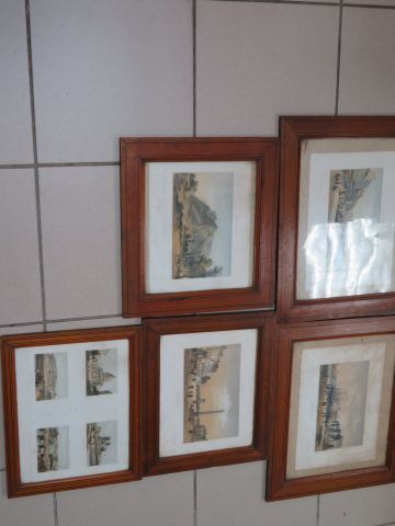 null Lot de 5 cadres en pitchpin, contenant des reproductions de gravures. 44 x 36,...