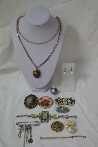 null Lot de bijoux en métam et résine, comprenant 4 broche, un médaillon avec sa...