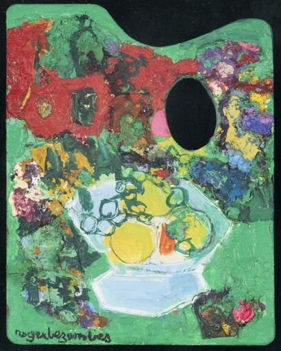 Roger BEZOMBES (1913-1994) Palette Huile sur une palette de peintre. Signée en bas...