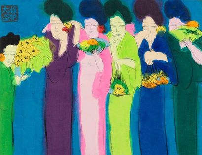 Walasse TING (1929-2010) Six Chinese women with flowers. Acrylic on paper mounted...