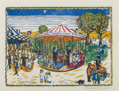 Edgard Tytgat (1879-1957) Le carrousel. Gravure sur bois en quatre teintes. Signée...