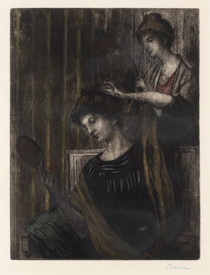 Anders OSTERLIND (1887-1960) Women doing their hair, 1901. Aquatint on textured Velvet....