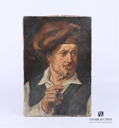 null École française du XIXème siècle
Portrait d'homme à la pipe
Huile sur toile
Monogrammée...