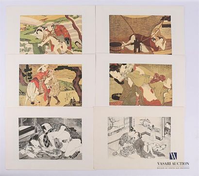 null Lot de six reproductions d'estampes japonaises érotiques en couleur pour quatre...