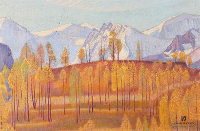 null HERMES Erich (1881-1971) 
Paysage de montagnes et résineux
Huile sur toile 
Signée...
