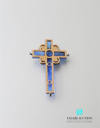 null Cross, 750-thousandths yellow gold setting, Christ on a cross in cast blue glass,...