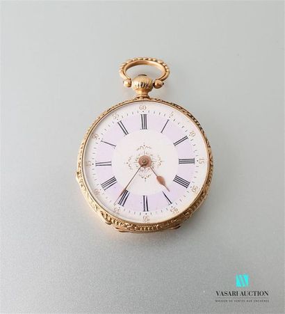 null Pocket watch in yellow gold, the enamelled white and pink dial with Roman numerals...