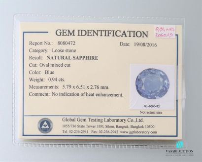 null Unheated sapphire of oval size calibrating 0.94 carats. Sealed plastic certificate...