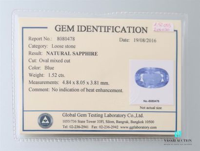null Unheated sapphire of oval size calibrating 1.52 carats. Sealed plastic certificate...