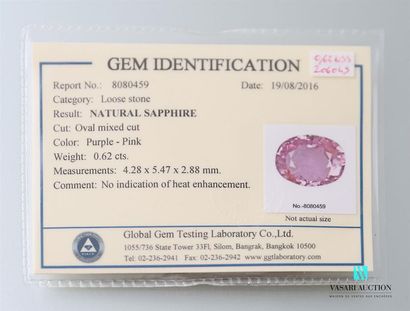 null Unheated pink sapphire of oval size calibrating 0.62 carats. Sealed plastic...