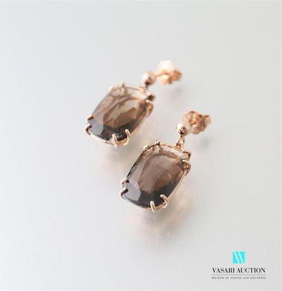 null Pair of vermeil earrings, each adorned with a large rectangular smoky quartz...