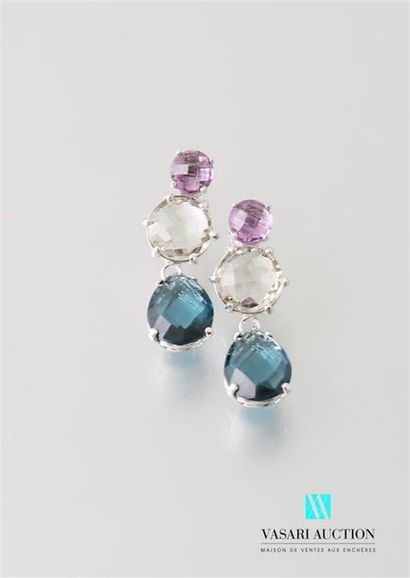 null Pair of 925-thousandths silver earrings each adorned with three faceted quartz...