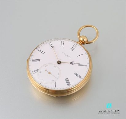 null Pocket watch in yellow gold, the round white enamelled dial marked Racine Genève...