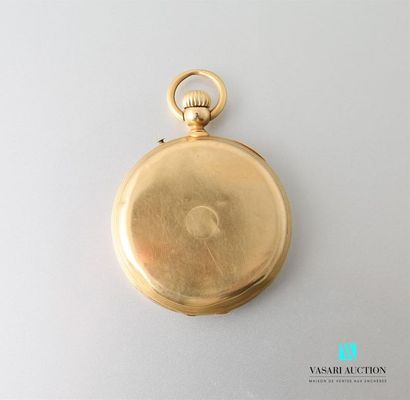 null 750-thousandths yellow gold pocket watch, white enamelled dial with Roman numerals...