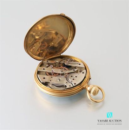 null 750-thousandths yellow gold pocket watch, white enamelled dial with Roman numerals...
