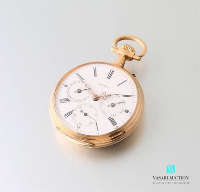null A 750-thousandths gold pocket watch, the white enamelled dial marked "Geneva"...