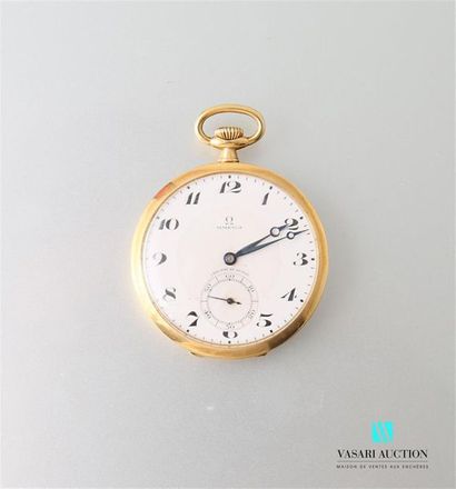 null Omega brand pocket watch in 750-thousandths gold, white enamelled dial with...