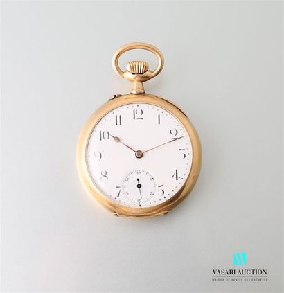 null 750-thousandths gold pocket watch, white enamelled dial with Arabic numerals...