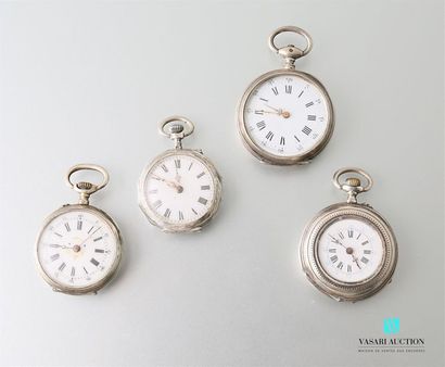 null Set of four silver neck watches, white enamelled dials with Roman numerals for...