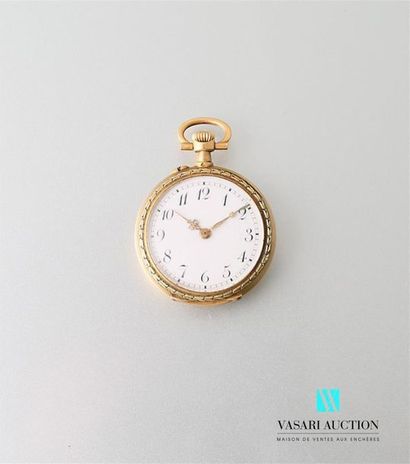 null 750-thousandths gold collar watch, white enamelled dial with Arabic numerals...