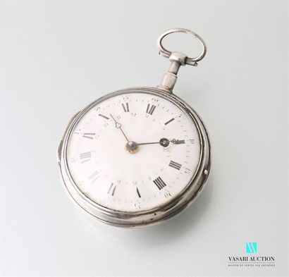 null Silver plated metal pocket watch, white enamelled dial with Roman numerals for...