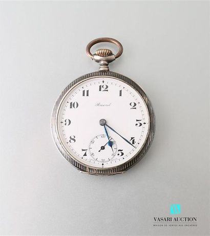 null Silver pocket watch decorated with thin black enamelled bands, the white enamelled...