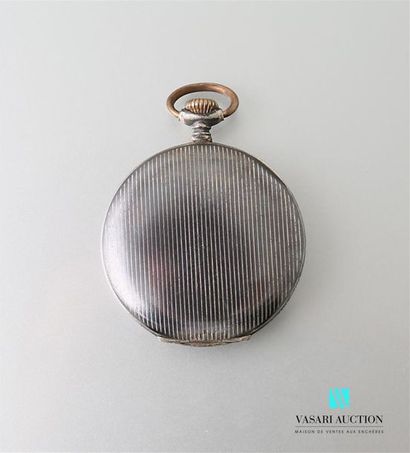 null Silver pocket watch decorated with thin black enamelled bands, the white enamelled...