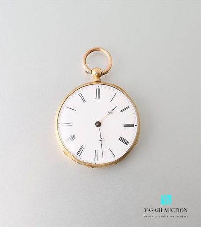 null 750-thousandths gold pocket watch, white enamelled dial with Roman numerals...
