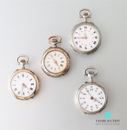 null Set of four silver neck watches, white enamelled dials with Roman or Arabic...
