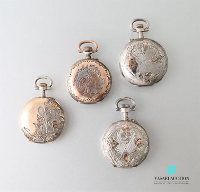 null Set of four silver neck watches, white enamelled dials with Roman or Arabic...