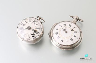 null Set of two watches including: 
Silver pocket watch, enamelled dial with Roman...